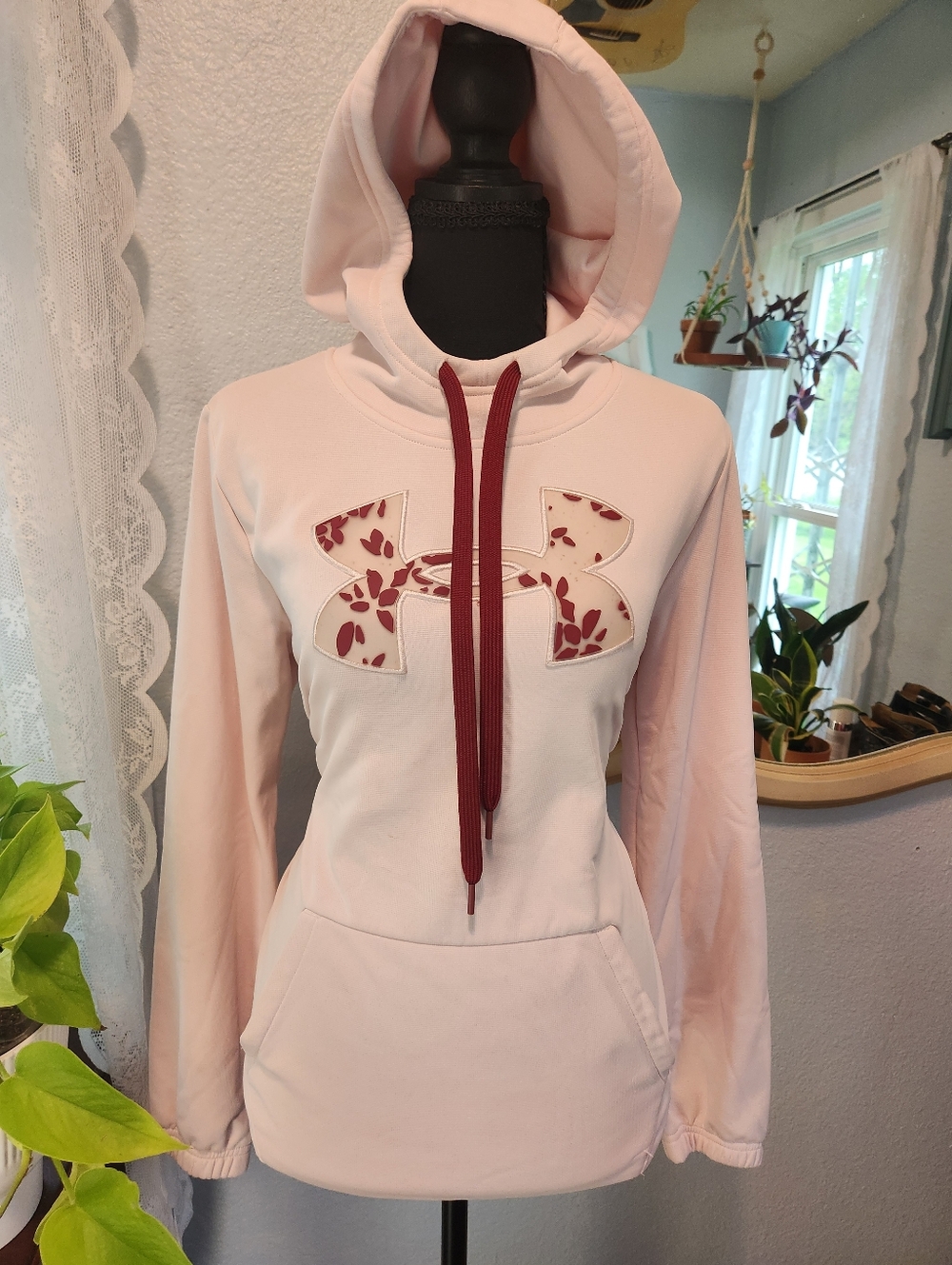 Under Armour Light Pink Hoodie with Floral Logo and Maroon Drawstrings